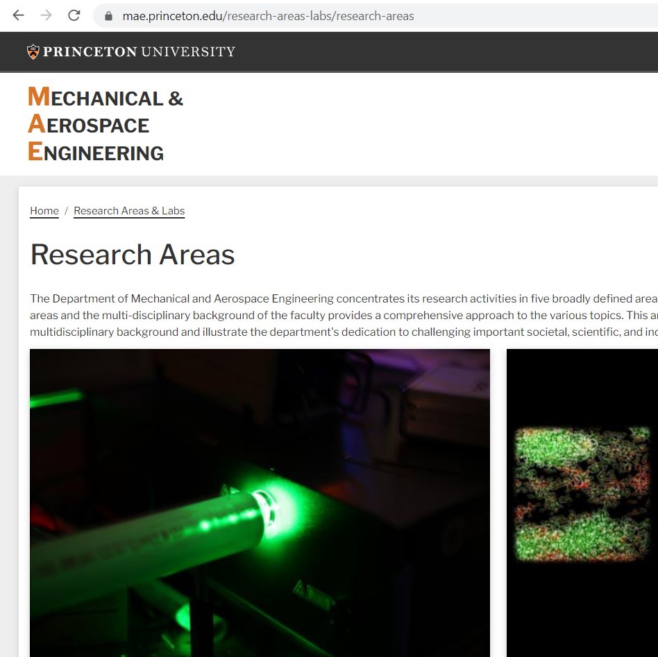 mae.princeton.edu Screenshot of Mechanical, Aerospace Engineering "Research Areas" website page