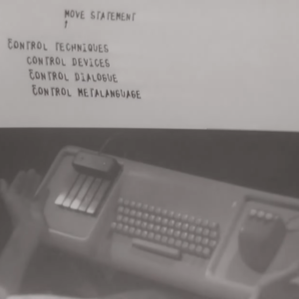 Monochrome split screen image of the Mother of All Demos, screenshotted from the Control Devices section