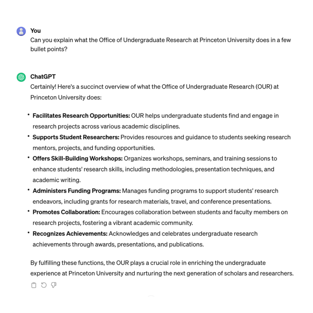 Image of text, with a question from a student and answer from ChatGPT regarding what the OUR does.