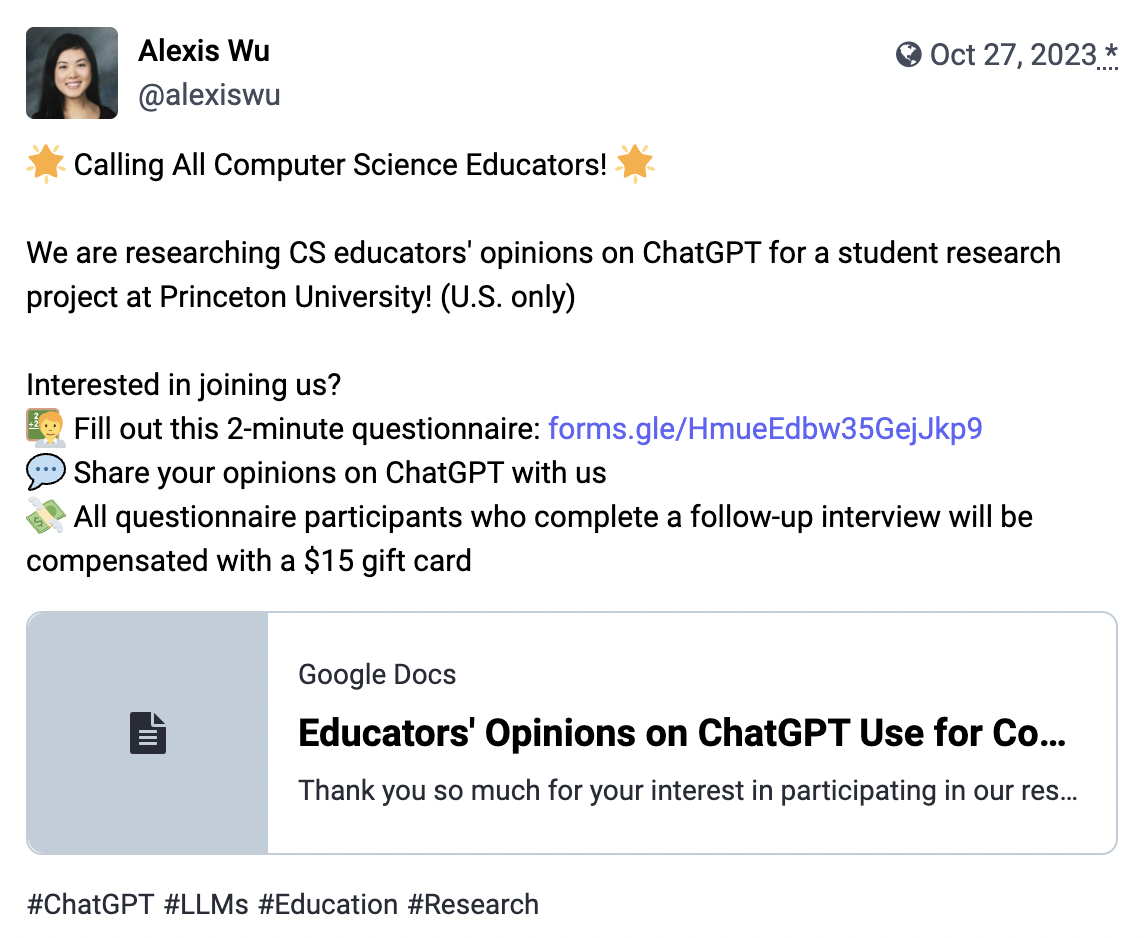 Image of author's participant recruitment post on Mastodon