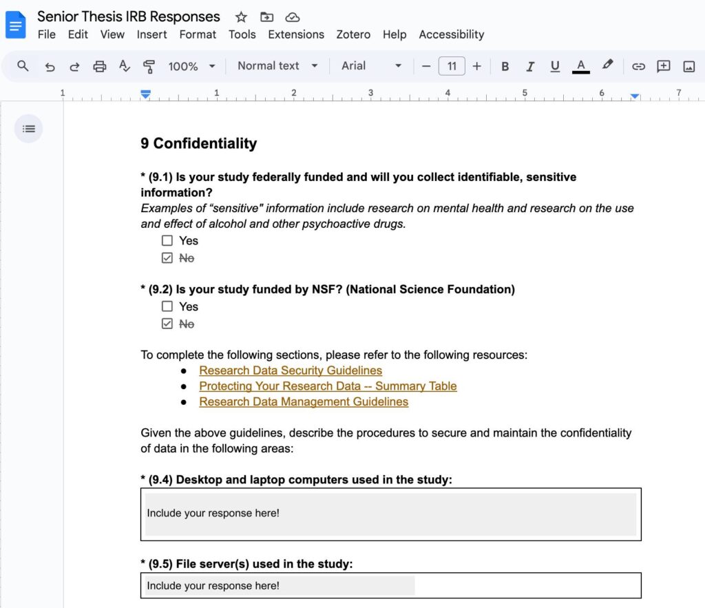 Image of Google Docs with text and response fields according to the Confidentiality section of the eRIA-IRB.