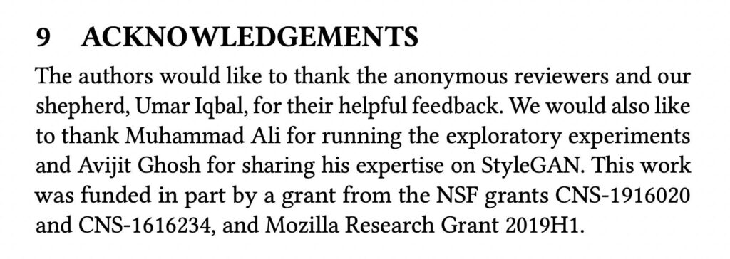 Screenshot taken by Alexis Wu Image of text describing the acknowledgements section of a research paper.