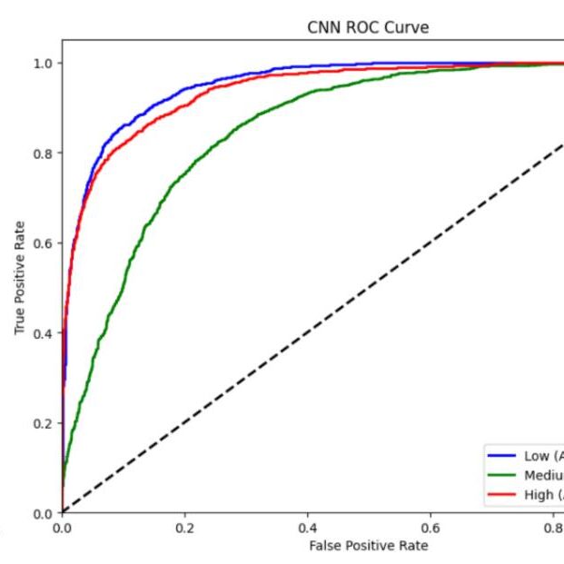 Line graph from Erika's final paper includes ROC curves, which show how well each model separates the three classes. All classes have high AUC scores, with “Low” and “High” being the easiest to distinguish because their features differ at a higher capacity. With all curves above the diagonal, both models
demonstrate strong class discrimination.