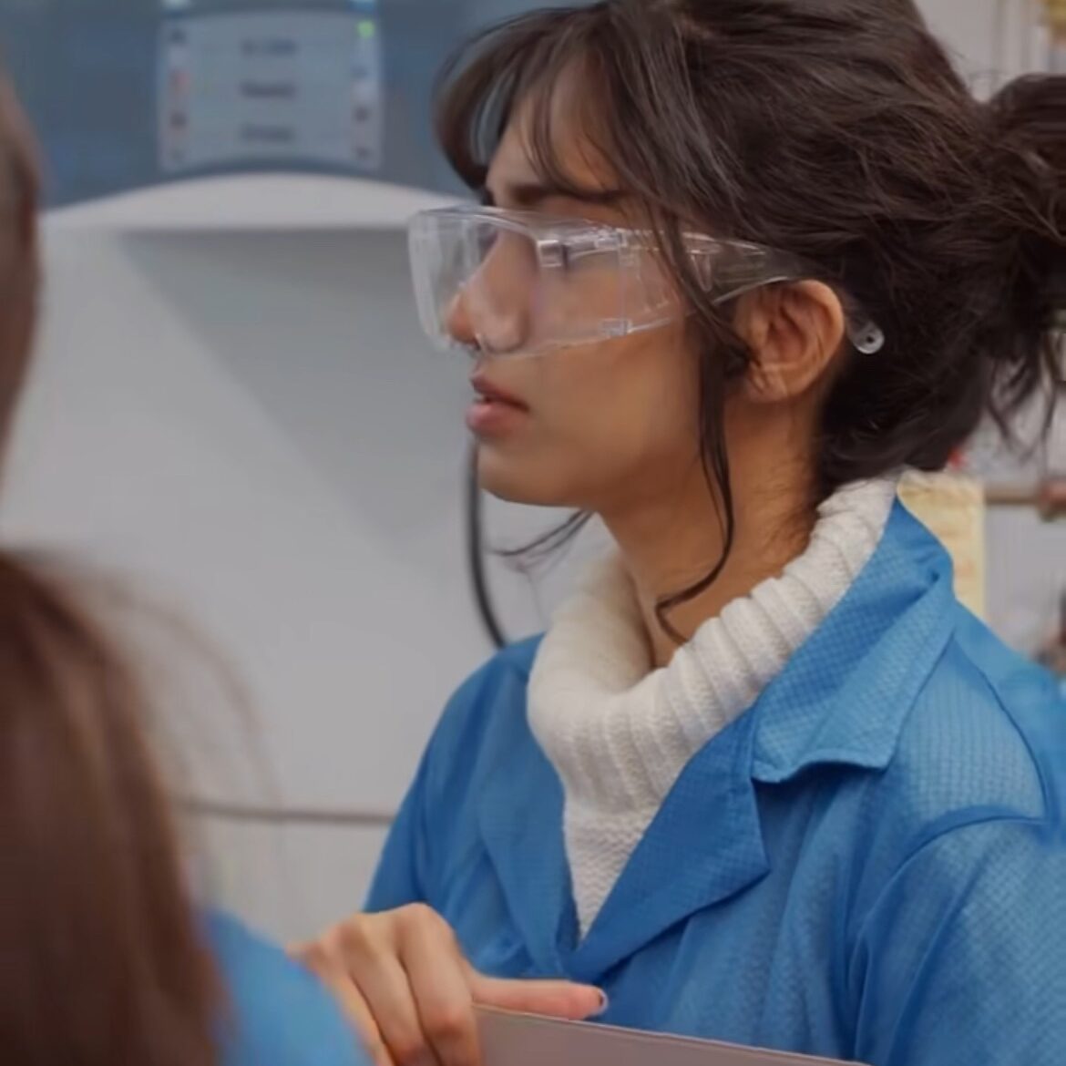 Rishika in safety glasses as a part of her research.